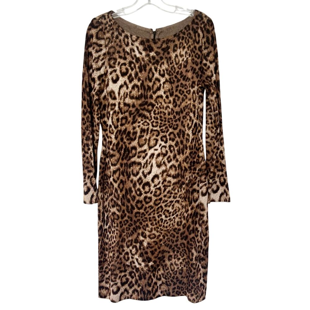 St John Leopard Knit Dress Brown Wool Blend Long Sleeve Sheath Size 8 (Medium)